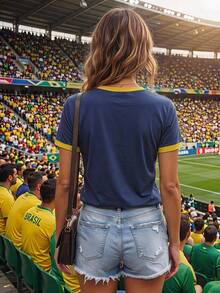 Zolique BRASIL 5星巴西國旗印花海軍藍底黃色對比飾邊短袖T恤女款 2026世界盃球迷寬鬆觀賽上衣 - 彩色 - 查看 2