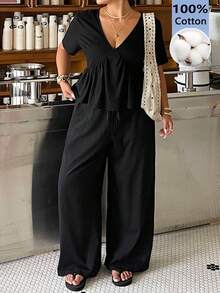 Muchica Plus Size Women's Solid Color Short Sleeve Ruffle Hem T-Shirt And Wide Leg Pants Casual 2-Piece Set Vacation Black Summer - Black - View 5