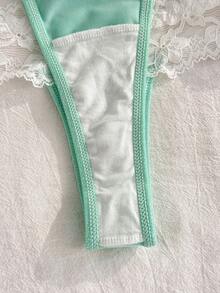 PetitDoll 女款內衣套裝，粉色布料與白色蕾絲飾邊拼接 + 鋼圈 + 蝴蝶結，度假、派對，甜美小洋娃娃風格 - 薄荷綠 - 查看 6
