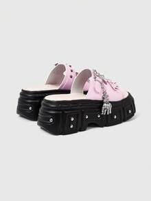 ROMWE Grunge Punk 女款高跟涼鞋 時尚夏季穿著 平底金屬扣鉚釘蝙蝠扣拖鞋 厚底百搭沙灘拖鞋 - 粉色 - 查看 5