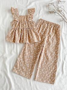 SHEIN Vintaside Kids 少女雛菊圖案荷葉袖上衣與長褲可愛兩件套 - 卡其色 - 查看 3