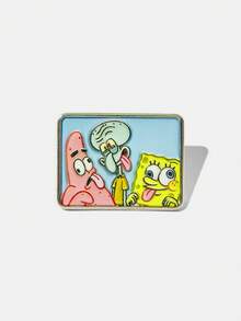 SpongeBob SquarePants | SHEIN 4件組新款創意卡通大頭貼紙立體金屬胸針套組，IP聯名設計，可愛個性化，簡約大方，亦可作為 - 白金 - 查看 5