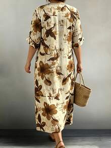 SHEIN Plus Size Women's Casual Printed Dress, Notch Collar, Shirt Sleeves, Midi Length, Suitable For Daily Outings, Walking, Countryside Leisure, Daily Home Wear, Grocery Shopping, Simple Styling, Vintage Retro Style, Spring/Summer/Autumn - Multicolor - View 2