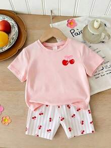 Souflis Souflis (Random 4 Sets,Send 1 Set)Girls Cute Fresh Lemon Strawberry Cherry Pattern Basic Short T-Shirt And Cycling Pants Set, Atmospheric Outfit - Multicolor - View 6