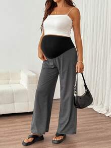 SHEIN Maternity Adjustable Waist Black Wide Leg Long Pants Loungewear Autumn Photoshoot Gender Reveal Homewear Post Partum Soft Form - Dark Grey - View 3