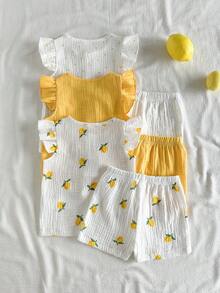 SHEIN Vintaside Kids 女嬰 6件/3套田園休閒風檸檬波點圖案荷葉邊飛袖圓領上衣與配套印花短褲多件套裝，適合日常穿著、外出與度假 - 彩色 - 查看 2