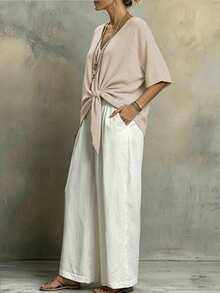 Weeklong Plus Size Casual Vacation Loose Hem V-Neck Short Shirt Beach Apricot Summer - Khaki - View 6