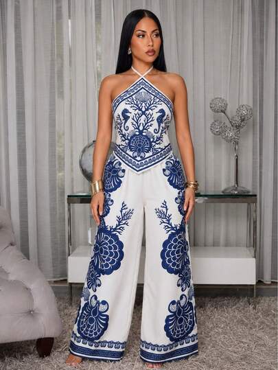 SOLERSUN Women's Allover Print Halter Two Pieces Pants Set, Blue White Scarf Print Tie Back Crop Top And Wide Leg Pants With Pockets, Summer Vacation Resort Outfit,Blue Tropical Scarf Print Halter Set, Tie Back Top With Pocket Wide Leg Pants, Elegant Coastal Resort Two Pieces Outfit