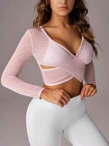 SHEIN Sovereign Charm Women's Solid Color Criss-Cross Design Long Sleeve Cropped Sports T-Shirt - Pink - View 3