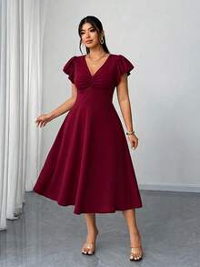 Elenzga Plus Size Women's Ruffle Short V-Neck Ruched Waist Flared Dress - Burgundy - View 1