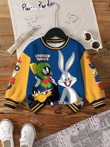 LOONEY TUNES X SHEIN 小男孩圆领长袖舒适休闲卡通可爱街头校园棒球夹克，撞色衣领和袖口英文字母图案运动衫 - 白色 - 查看 7