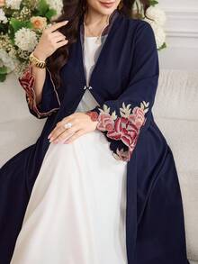 Al Najma Plus Size Women's Applique Decorated Long Sleeve Elegant Arabic Abaya - Navy Blue - View 3