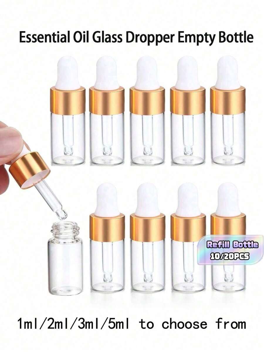 10/20PCS,1/2/3/5Ml, Essential Oil Glass Dropper Empty Bottle Frosted Sample Bottle With Glass Dropper Ophthalmic Water Bottle Essential Oil Bottle Perfume Aromatherapy Cosmetics Container Glass Essential Oil Dropper Bottle - Gold - View 1