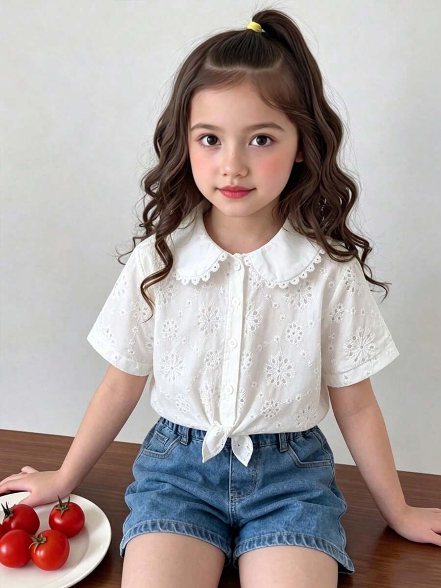 SHEIN Genkimix Kids 少女度假海灘休閒百搭刺繡鏤空白色寬鬆短袖襯衫，適合假期、夏季、旅行