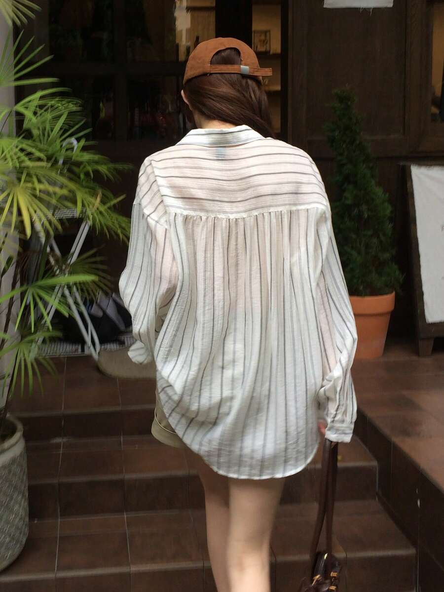 DAZY Women's Striped Elegant Spring/Summer Airy Versatile Long Sleeve Shirt - Apricot - View 1