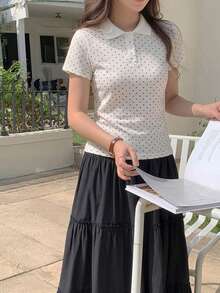 DAZY 女款圓領波點前綁帶短袖T恤 夏季可愛上衣 - 白色 - 查看 4