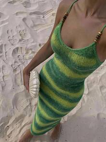Soleia New Vacation Couple Casual Spaghetti Strap V-Neck Gradient Color Long Women's Sweater Dress - Brown - View 1