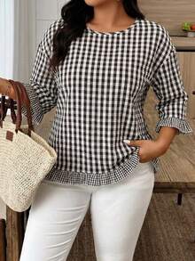 Weeklong Plus Size Women's Casual Plaid Ruffle Trim Short Sleeve Blouse, Versatile For Summer - Black and White - View 3