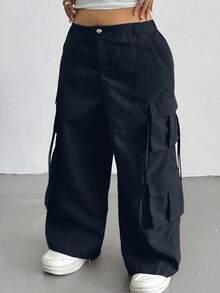 SHEIN CURVE+ 大尺碼女款黑色休閒牛仔通勤工裝褲，適合約會之夜、早午餐、夏季穿著 - 藏蓝色 - 查看 3