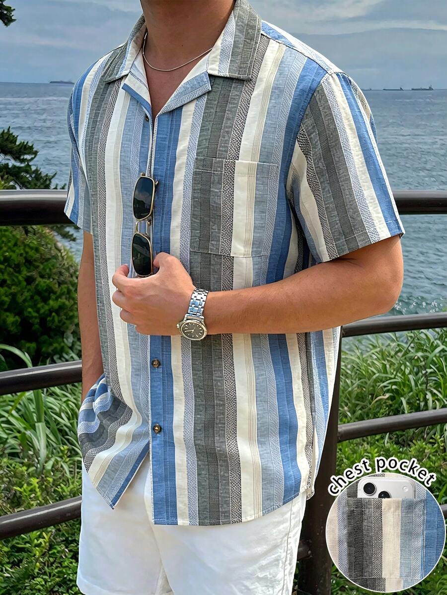 Airaco Men's Short Sleeve Single-Breasted Striped Polo Collar Casual Shirt - Multicolor - View 1