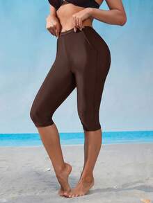 SHEIN Swim 女款純色口袋七分長泳褲，適合夏季度假與海灘 - 棕色 - 查看 5