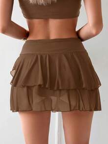 SHEIN Swim Vestido de baño tipo falda-pantalón de doble capa con volantes de unicolor para mujer, de verano y playa - Marrón - Ver 6