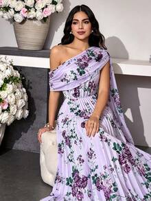 Modelyn 法式優雅日常百搭百褶時尚不對稱單肩不對稱肩透視印花緞帶披肩大A字蓬鬆紫色女款春夏中長洋裝，A字度假浪漫洋裝 - 紫色 - 查看 4