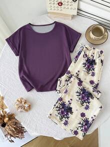 SHEIN Tween Girl Loose Casual Simple Comfortable Round Neck Short Sleeve Striped T-Shirt And Long Pants Set - Purple - View 6