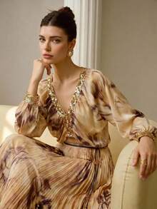 ZEYLAH Top con escote en V, fruncido, patchwork, lentejuelas y estampado - Caqui - Ver 1