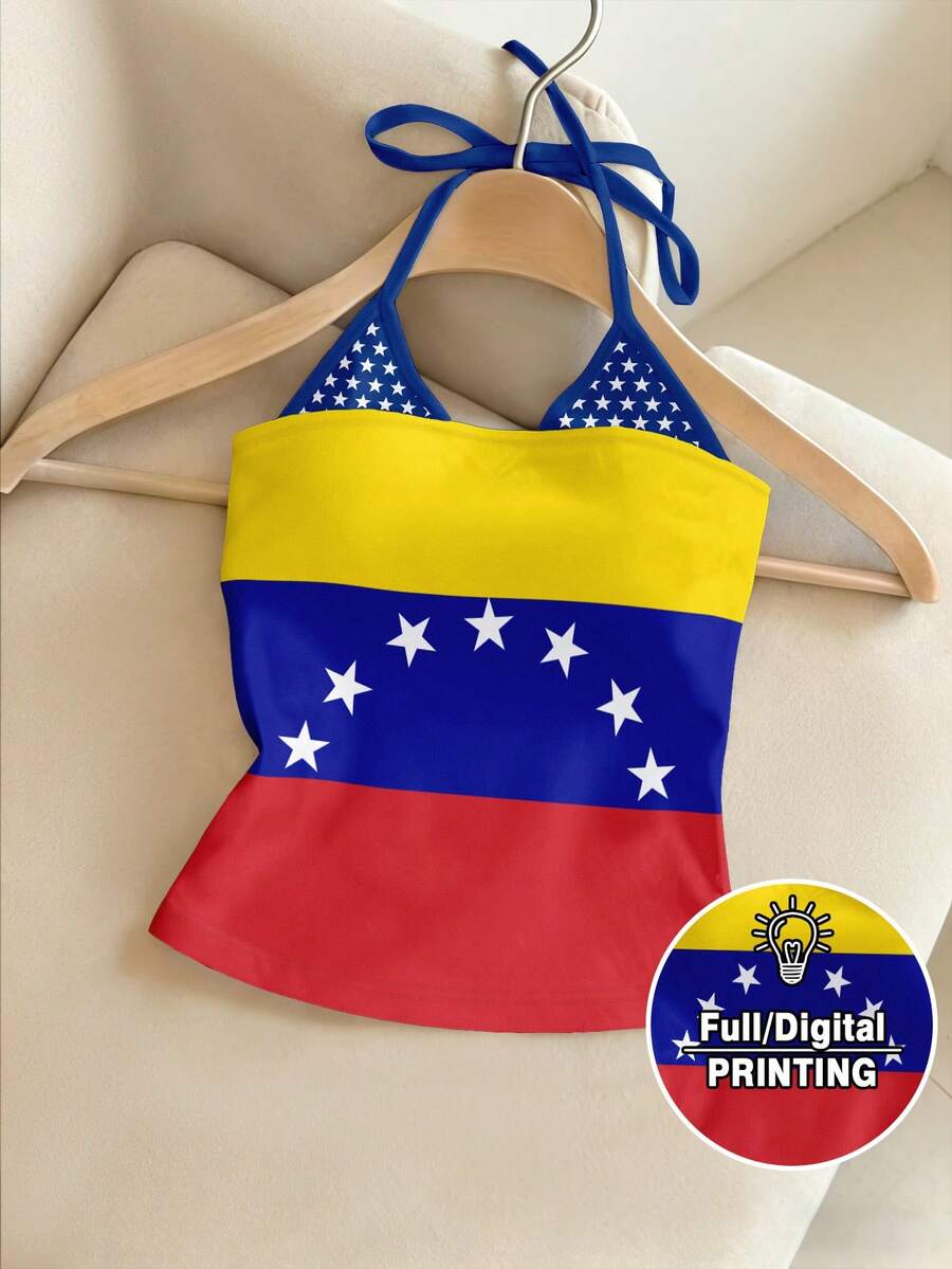 Resyla Atasan Tanpa Lengan Model Halter Neck Kasual Motif Bendera Y2K 2 In 1 Gaya Sepak Bola untuk Penggemar Sepak Bola - MultiWarna - View 1