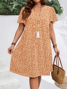 EMERY ROSE Vestido de vacaciones de verano con mangas con volantes y estampado floral pequeño para mujer de talla grande - Naranja Coral - View 5