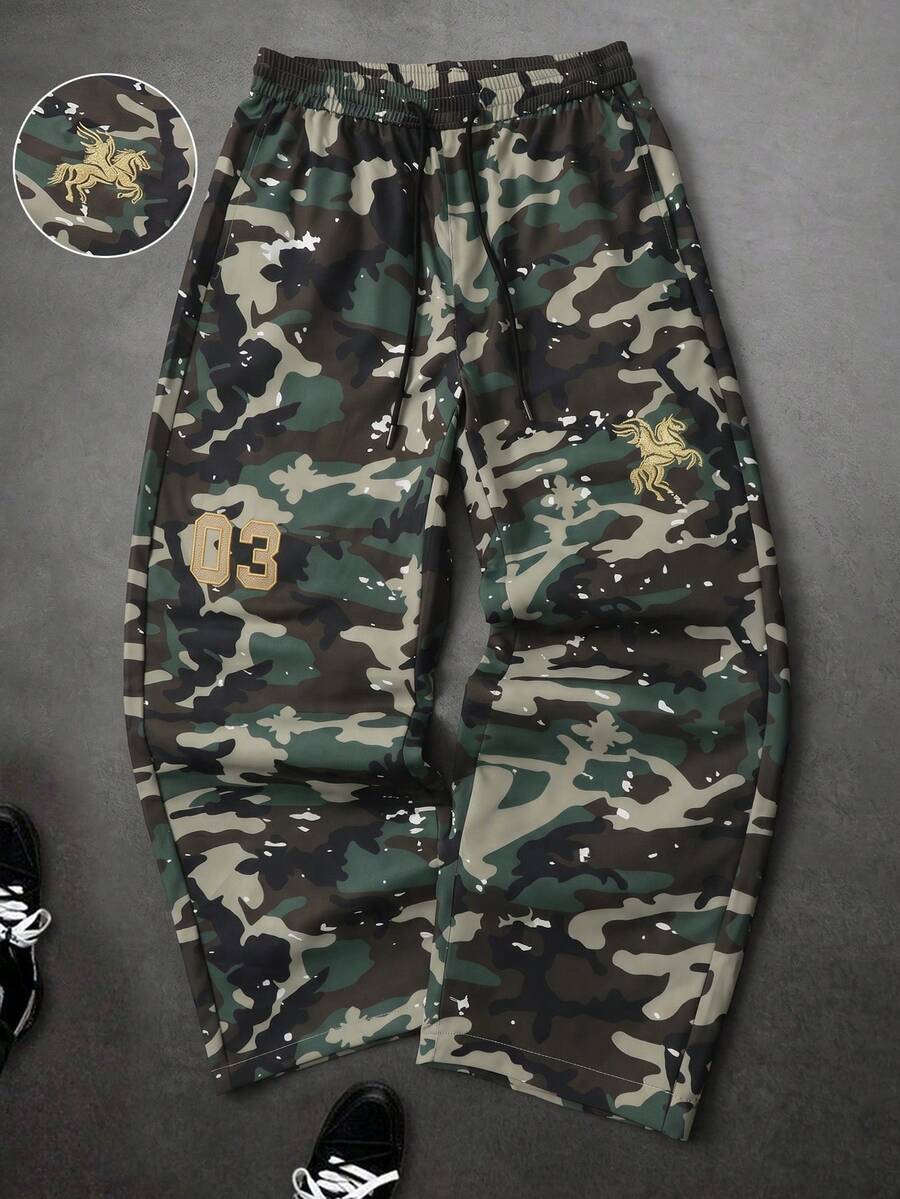 Manfinity EMRG Men's Drawstring Waist Camouflage Casual Versatile Daily Travel Cargo Long Pants - Green - View 1