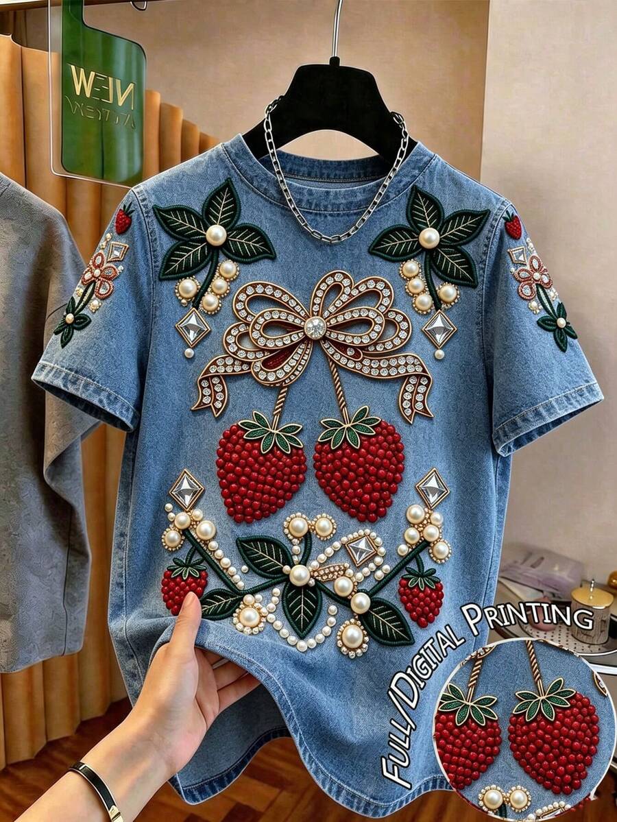 Resyla 女款圓領牛仔T恤，珠飾草莓刺繡短袖休閒寬鬆上衣 - 彩色 - 查看 1