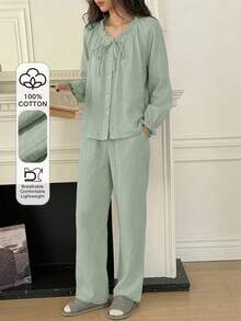 DAZY Sweet Fresh Light Blue All Cotton Ruched Lace Design Loose 2-Piece Women's Pajama Set - Green - View 3