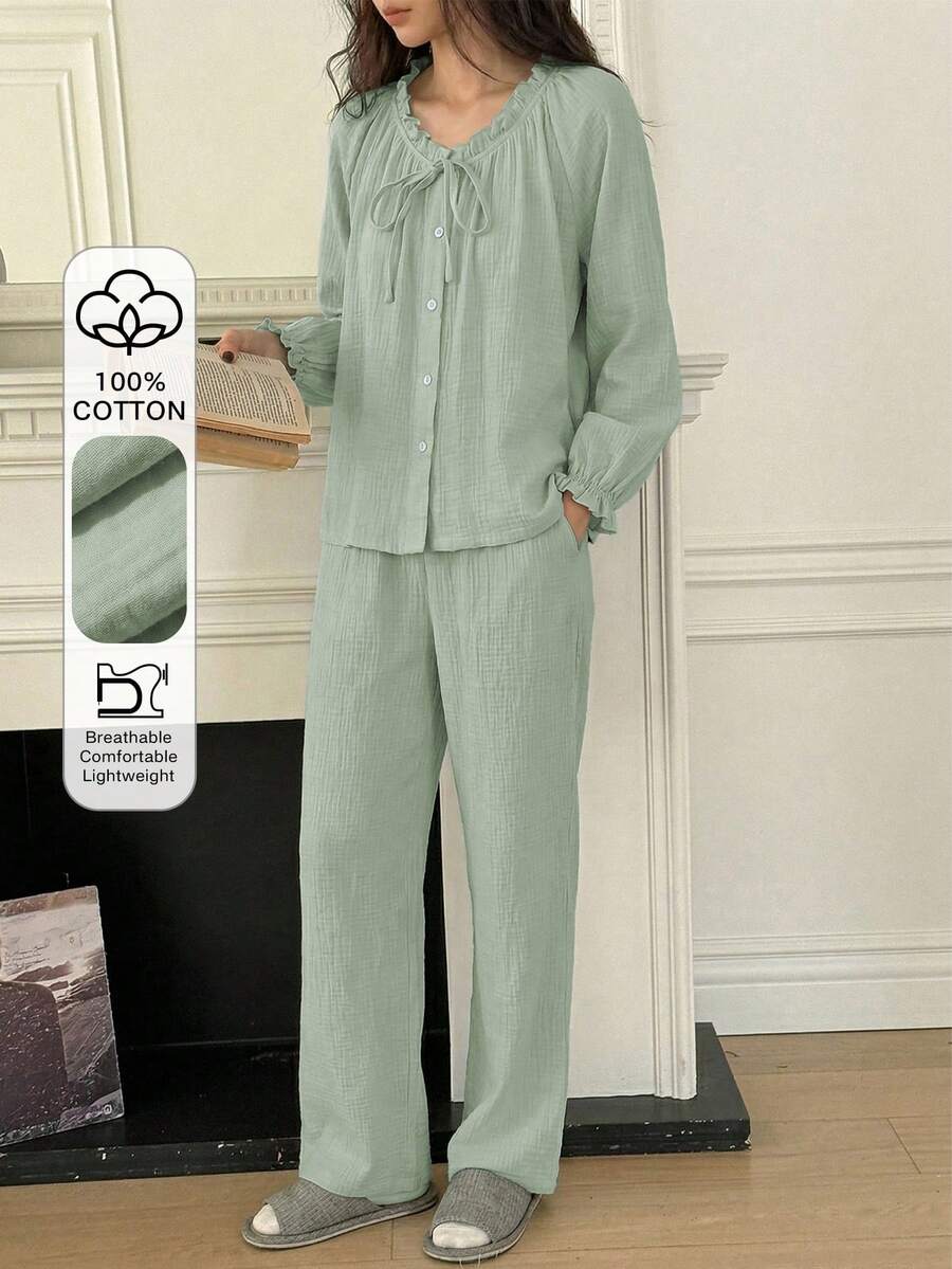 DAZY Sweet Fresh Light Blue All Cotton Ruched Lace Design Loose 2-Piece Women's Pajama Set - Green - View 1