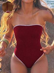 Bonvoyette Traje de baño de una pieza elegante y casual para mujer con tirante de hombro desmontable, tela texturizada con diseño de bloques de color y degradado, adecuado para vacaciones de verano en la playa, atuendos para fiestas en la playa, traje de baño de una pieza para mujer primavera/verano 2026 - Burdeos - Ver 5