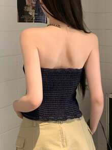 DAZY 春夏音樂節平口式背心上衣 時尚派對修身顯瘦優雅通勤女款牛仔上衣 - 深色水洗藍 - 查看 5