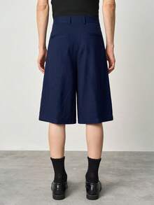 STYNVO Men's Solid Color Pocket Pleated Loose CasualBermuda Shorts - Navy Blue - View 2