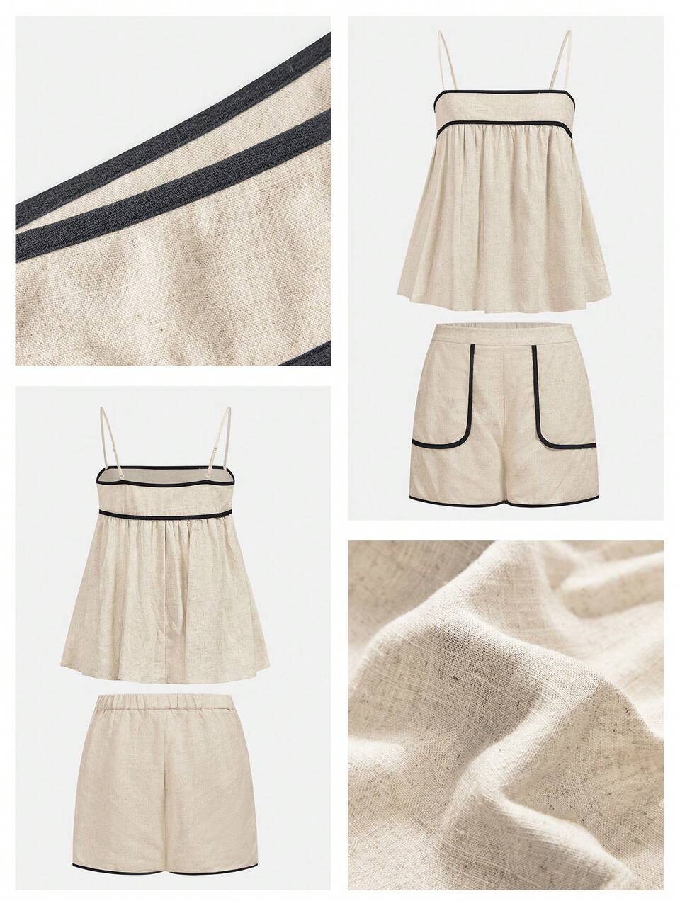 SHEIN Maija Off-White Women's 2 Pieces Set Summer Contrast Trim Camisole Tank Top & Sleeveless Shorts Comfortable Casual Vacation