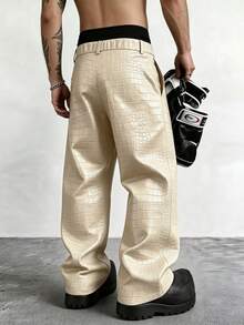 PAVTROS Men's Street Style Crocodile Embossed PU Leather Loose Fit Cargo Pants Wide Leg - Beige - View 2