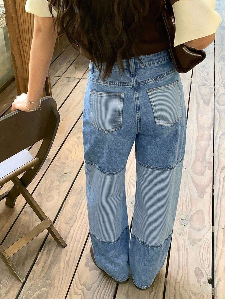 DAZY 女款拼接日系街頭風寬鬆寬腿休閒牛仔褲可愛上衣 - 淺藍色 - 查看 1
