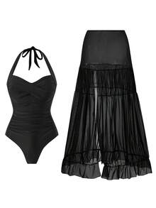 Swim Oasis Conjunto de vestido largo de una pieza para mujer con cuello halter, asimétrico y de unicolor - Negro - Ver 2
