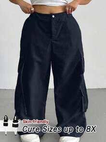 SHEIN CURVE+ 大尺碼女款黑色休閒牛仔通勤工裝褲，適合約會之夜、早午餐、夏季穿著 - 藏蓝色 - 查看 1