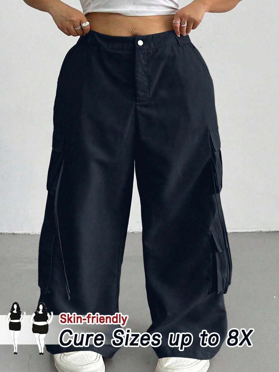SHEIN CURVE+ 大尺碼女款黑色休閒牛仔通勤工裝褲,適合約會之夜、早午餐、夏季穿著 - 藏蓝色 - 查看 1