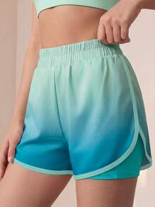 SHEIN Tween Girls Casual Simple Orange Gradient 2 In 1 Anti-Exposure Sports Shorts Knit Fashion Girls Sports Pants Casual Wear Girls Clothing Apparel, Fall - Multicolor - View 3