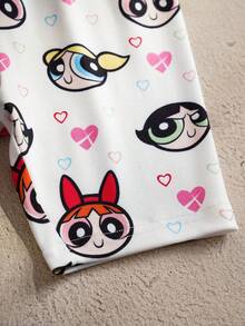 THE POWERPUFF GIRLS X SHEIN 女童爱心印花圆领短袖上衣和紧身短裤睡衣套装 - 白色 - 查看 7