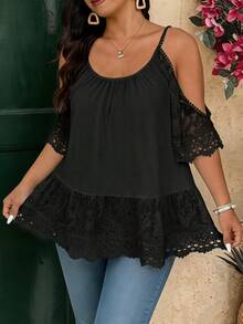 Breezaya Plus Size Faux Linen Textured Fabric Scoop Neck Off-Shoulder Strap Short Sleeve Lace Decor Chest Loose A-Line Hem Shirt Casual Elegant Formal Vacation - Black - View 3