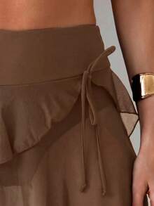 SHEIN Swim Vestido de baño tipo falda-pantalón de doble capa con volantes de unicolor para mujer, de verano y playa - Marrón - Ver 7