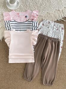 SHEIN Vintaside Kids 3套女嬰可愛粉色條紋波點花卉女孩圖案荷葉邊短袖柔軟T恤上衣與褲子套裝，日常春夏季 - 彩色 - 查看 2