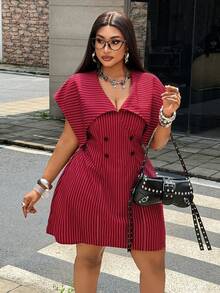Maweii Plus Size Women's Burgundy Striped Lapel Collar Dress, Sleeveless Waist-Defining Slimming Short Blazer Dress, Suitable For Office Commute, Business Meetings, Mature Dating, Burgundy Fine Stripes With Vintage High-End Feel, Large Lapel Design For Crisp And Elegant Look. - Multicolor - View 3